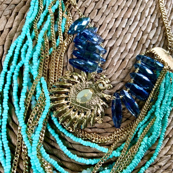 Bold Statement Necklace Multi Strand DRAMATIC VINTAGE 1980s TURQUOISE BLUES NWOT - Picture 10 of 15
